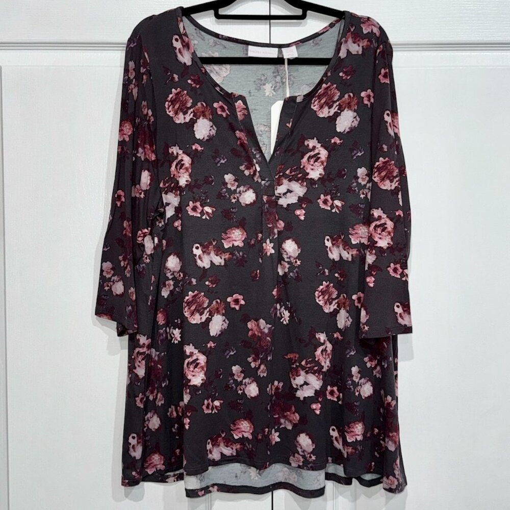NWT Rachel Ashwell Grey with Pinks Floral V-Neck 3/4 Sleeve Top